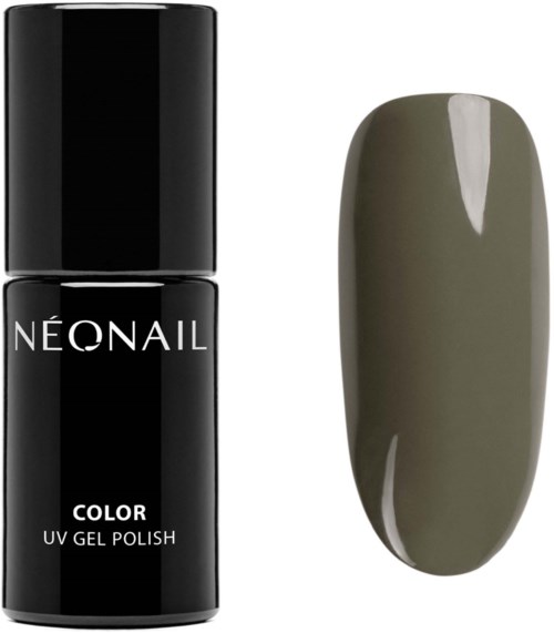 Neonail UV-kynsilakka mustassa pullossa, ja kynsi maalattu tummanharmaaksi.