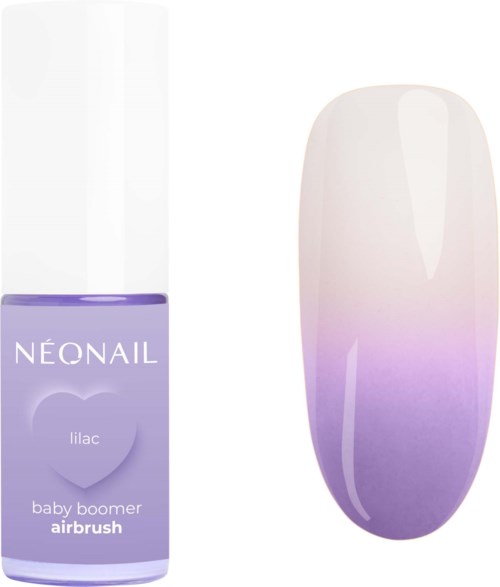 Nagellacksflaska är lila med vit topp, märkt 'NEONAIL lilac baby boomer airbrush.' En målade nagel visar lila och vitt gradient.