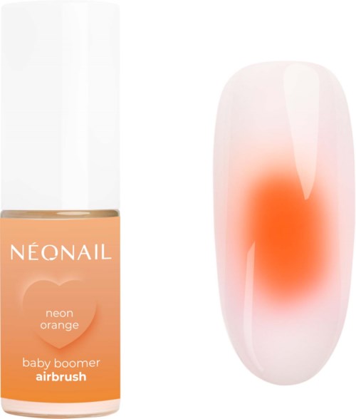 Nail polish bottle labeled 'neon orange' and a white nail with an orange gradient tip.