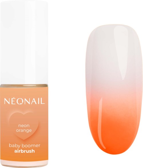 A nail polish bottle and a nail with orange and pink gradient polish. The bottle has the words 'NEONAIL' and 'neon orange' on it.