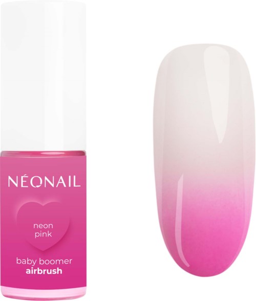 En rosa nagellackflaska märkt 'NEONAIL' med en gradientnagel från vitt till rosa.