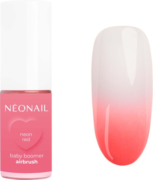 Snyggt nagellack i rosa och en nagel med rosa gradient från vitt till mörkrosa. Flaskan säger 'NEONAIL' och 'airbrush'.