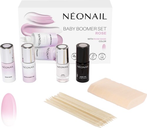 A baby nail set includes small bottles of nail polish, a nail file, and a soft cloth for infants.
