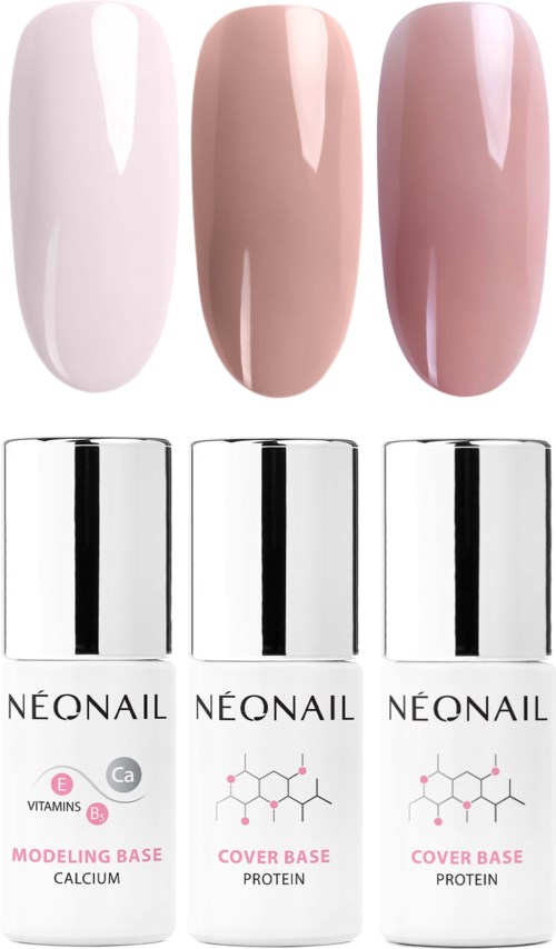 Three bottles of nail care products and three samples of painted nails in white, beige, and pink colors.