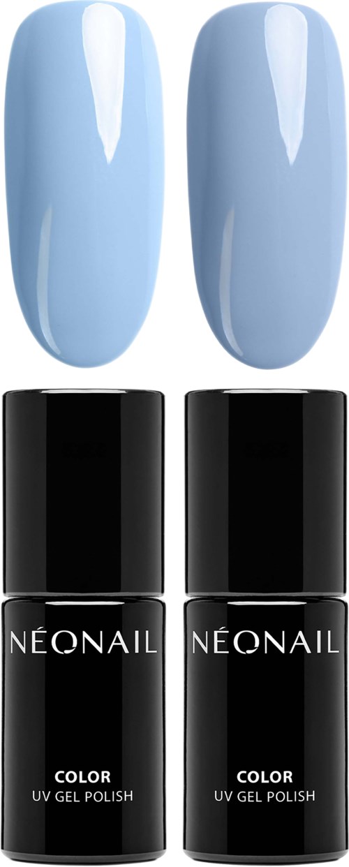 Zwei hellblaue Nagellackproben und zwei Flaschen mit der Aufschrift 'NEONAIL COLOR UV GEL POLISH'.