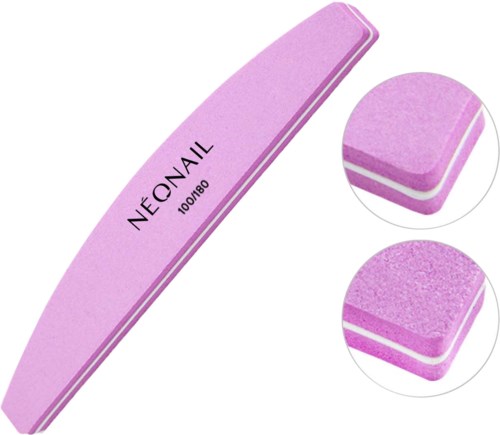 En rosa nagelfil med varumärket NEONAIL och ett prov på dess textur och lager.