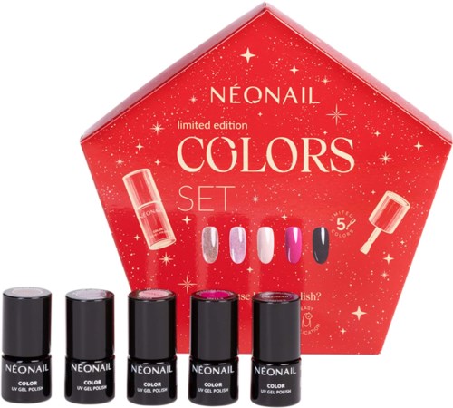 Piątka butelek lakieru do paznokci przed czerwonym, pełnym gwiazd opakowaniem z napisem 'Neonail Colors'.