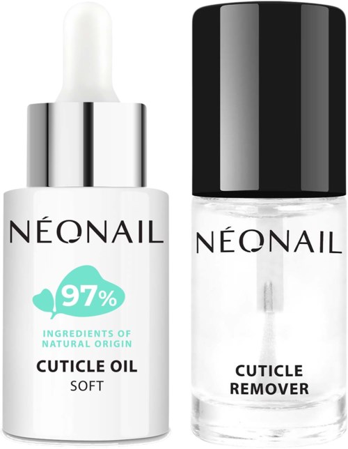 Zwei Nagelpflegeprodukte: eines mit Tropfer beschriftet 'Cuticle Oil' und ein anderes in kleiner Flasche mit 'Cuticle Remover.'