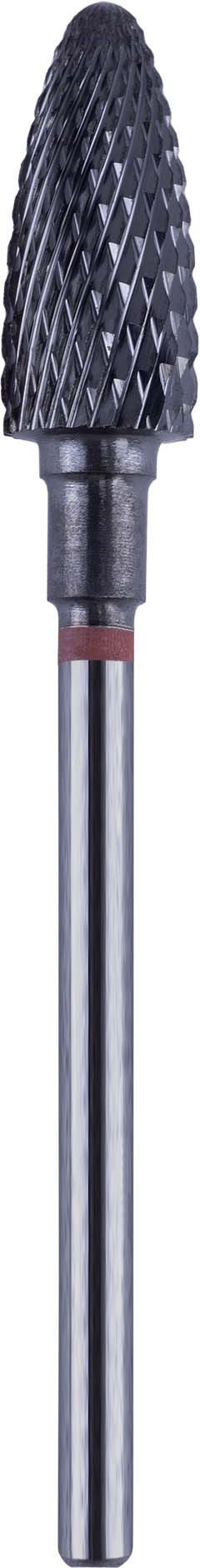 A metal drill bit with a black tip and textured surface, used for grinding or drilling materials.