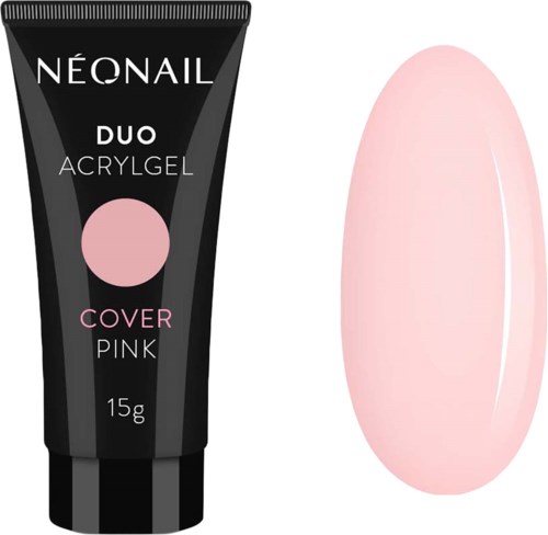 Eine schwarze Tube Nagelgel, beschriftet 'NEONAIL DUO ACRYGEL COVER PINK', mit pinkem Nagellack und einem ovalen Nagelbeispiel.