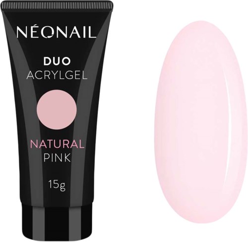 En svart tube med nail gel merket 'NÉONAIL DUO ACRYGEL NATURAL PINK 15g' ved siden av en rosa, oval formet negle.