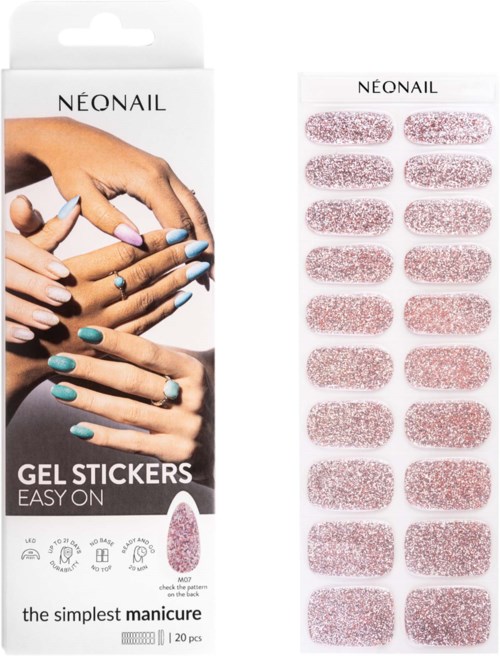 Paczka różowych brokatowych naklejek gelowych z napisem 'easy on' i wyświetleniem rąk z manicure.