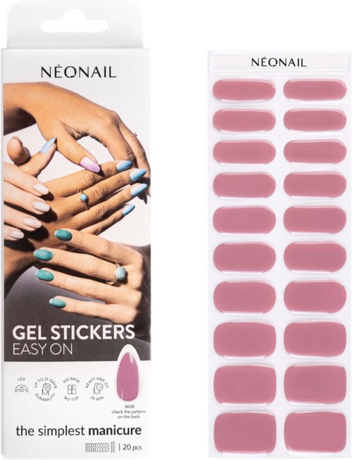 Pink gelsticker för enkel nageldesign, visas i förpackning och en hand med målade naglar.