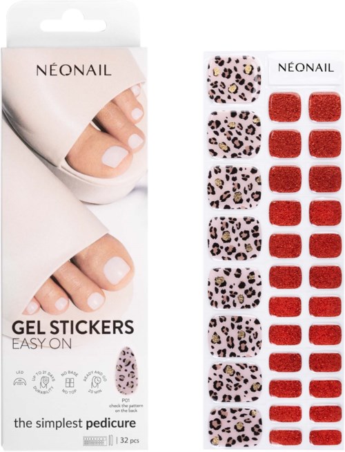 Sæt af gelklistermærker til nem negledekoration med leopardmønster og røde designs.