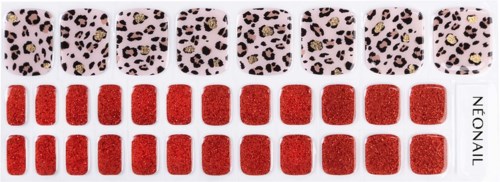 Et sæt neglelakklistermærker med leopardmønster og røde designs, mærket "NEONAIL".