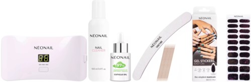 Nagelpflege-Set mit Lampe, Reiniger, Öl, Feile, Gel-Aufkleber und Nagelwerkzeuge.