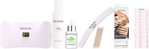 Nagelpflege-Set mit Gerät, Lack, Klebestreifen, Gel-Aufkleber und Feile. Alle tragen die Marke Neronal.