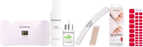 Neonail-nail care -sarja, johon kuuluu lamppu, puhdistusaine, kynsiöljy, kynsitapeja ja geelitarroja.