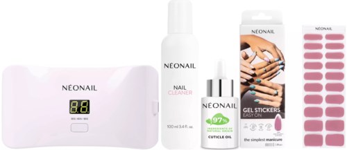 Nail care products including a lamp, cleaner, cuticle oil, gel stickers, and a nail scanner.