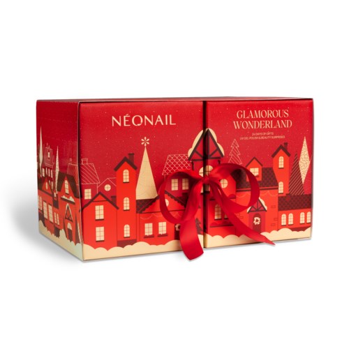 Feestelijke rode doos met een lint, versierd met kersthuizen en de woorden 'NEONAIL' en 'Glamorous Wonderland'.