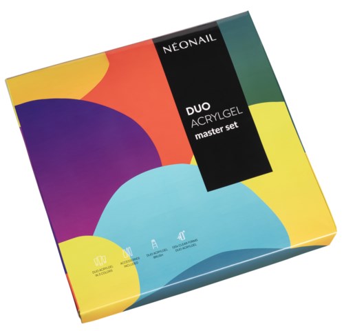 Neonail DUO Acrylgel Master-Set Box mit buntem Kreismuster.
