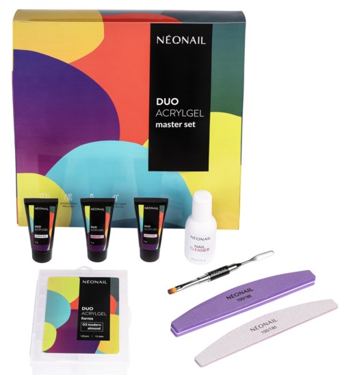 Nagelpflegeset mit Cremes, Pinseln, Feilen und einer Schachtel mit der Aufschrift 'Neonail DUO Acrylic Master Set'.