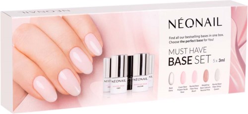 Neonail basset med fem små flaskor, visar en hand med rosa naglar. Texten beskriver det som nödvändigt för naglar.