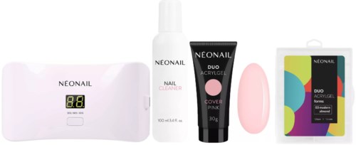 Nagelpflegeprodukte mit UV-Lampe, Reiniger, Lack, Pinsel und Flaschen.