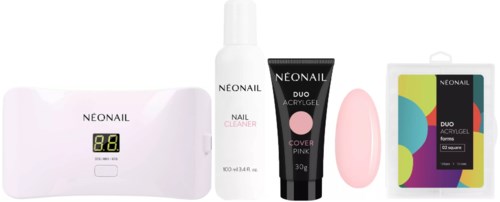 Eine Sammlung von Nagelpflegeprodukten, darunter UV-Lampe, Nagelreiniger, Acrylgel, Schwämmchen und bunte Acrylgelpackungen.