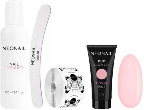 Nagelpflegeset mit Reiniger, Feile, Dekorfolie, rosa Gel und oval Buffer.