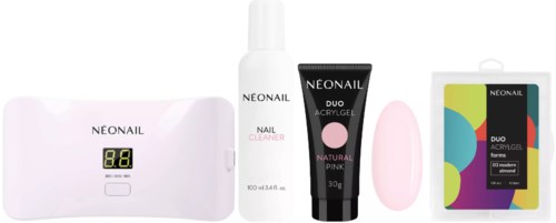 Nagelpflege-Set mit lampe, Reiniger, pinke Nagellack, Applikator und bunte Nagelaufkleber.