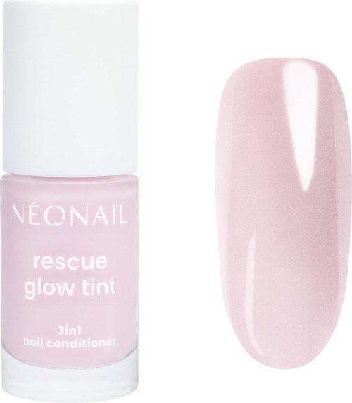 Nagellacksflaska från Neonail rescue glow tint med ett mjukt rosa färgprov bredvid.