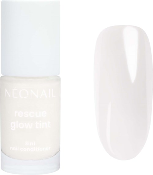 Flaska med NEONAIL rescue glow tint nagelvård bredvid ett ovalformat vitt nagelprov.