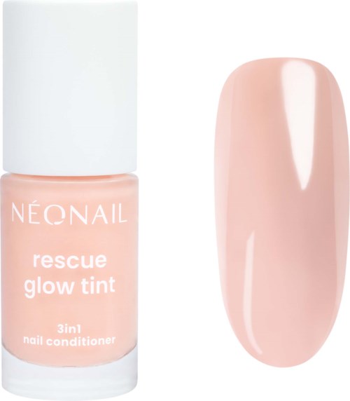 En flaska Neonail rescue glow tint nagellack i mjuk rosa färg bredvid en prövning av samma rosa nyans med en glänsande yta.