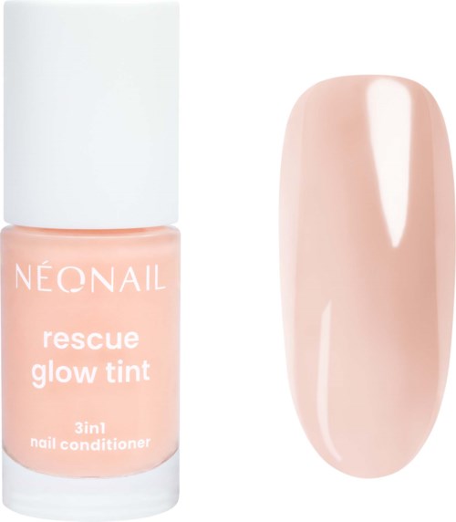 En flaska Neonail rescue glow tint nagellack med en provbit som visar ljus rosa färg.