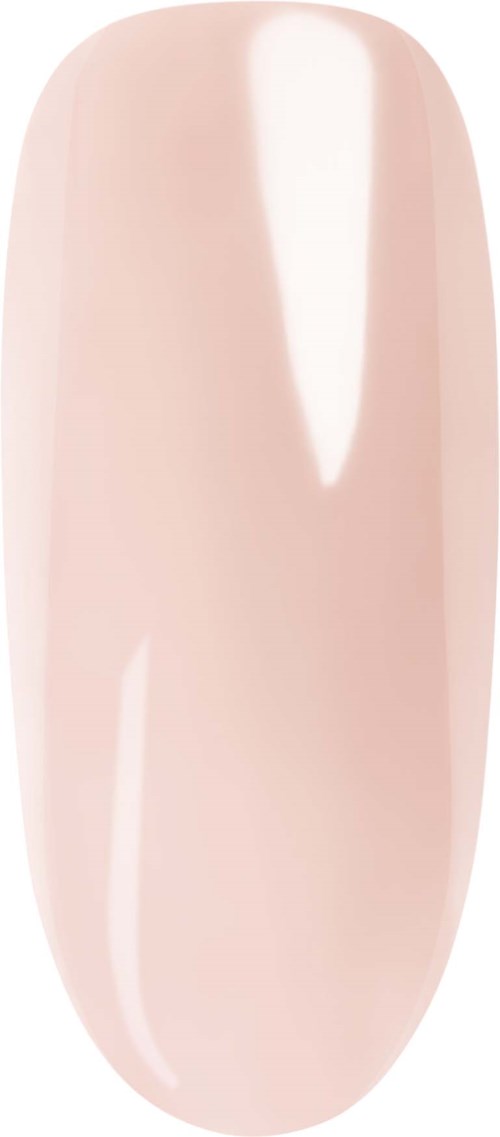 En ljusrosa nagellacksprov på en konstgjord nagel. Nageln har en glansig yta och en oval form.