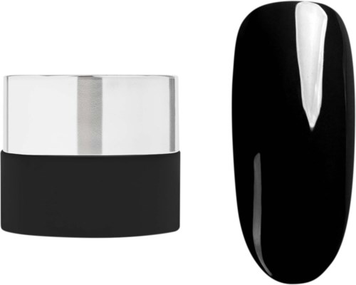Ein schwarzer und weißer Nagellackbehälter und ein schwarzer Nagel mit weißem Streifen.