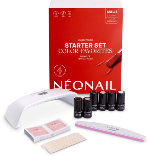 Neonail UV-Gel-Polier-Set mit vier Nagellackflaschen, UV-Lampe und Nagelfeilen in einer Box.