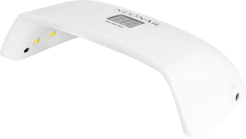 En vit LED-nagellampa med böjd form, digital display och gula och svarta knappar på sidan.
