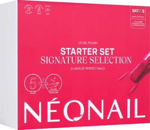 Pinkfarbene Schachtel mit UV-Gel-Nagellack-Set und Logo.