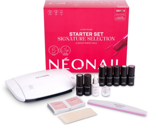 Ein Nagelpflege-Set mit UV-Lampe, Nagellacken, Files und einer Box mit der Beschriftung NEONAIL Starter Set Signature Selection.