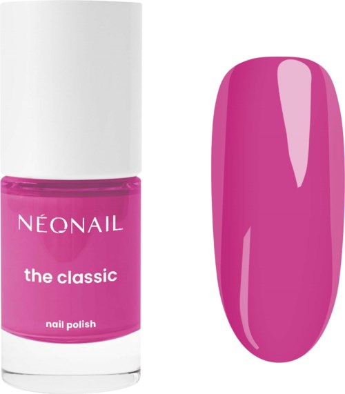 Rosa nagellackflaska märkt NEONAIL the classic och en målade naglar i samma färg.