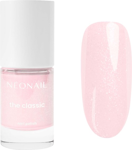 En rosa neon nagellackflaska med vit lock och en nagelprov som visar ljusrosa lack med glitter.
