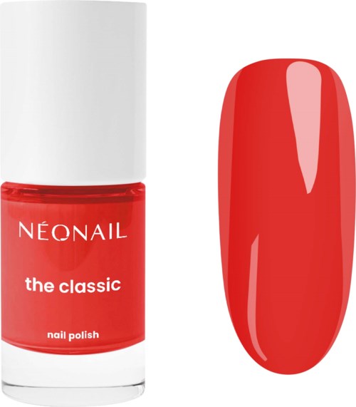Rött nagellackflaska med vitt lock och en nagelprovtagning i samma färg. Märket NeoNail.