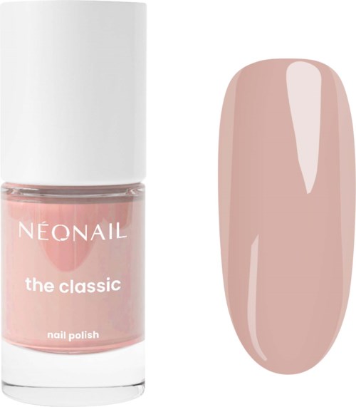 En flaska ljusrosa nagellack märkt Néonail the classic på vit bakgrund, med en nagelprovring som visar färgen.
