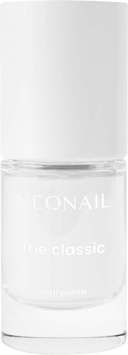 Clear glass bottle of Neonail the classic nail polish with white cap.