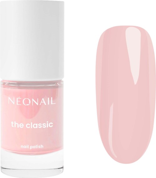 En ljus rosa nagellacksflaska med vitt lock och en matchande rosa nagelprov. Etiketten säger NeoNail the classic.