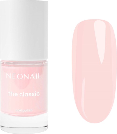 En rosa nagellackflaska med vit lock och en nagelprovsbit målad med samma färg.