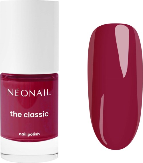 En flaska röd nagellack märkt Neonail the classic med en provbit i samma färg bredvid.