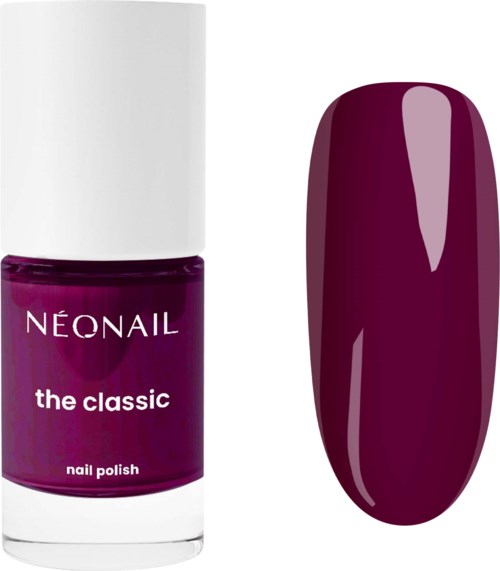 En flaska med Neonail classic nagellack i mörklila med ett matchande målat nagelprov.